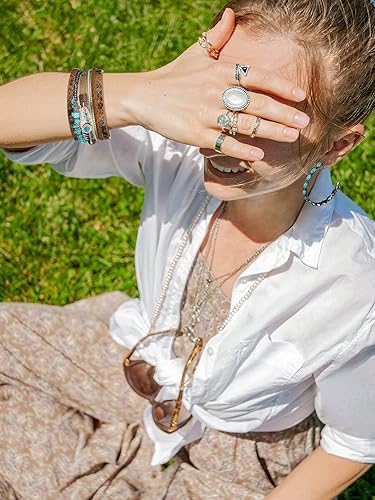 Miniatura 5 de Inbagi Juego de 3 piezas de joyería occidental para mujer, gargantilla larga con colgante bohemio, pulsera de piel sintética en capas, aretes