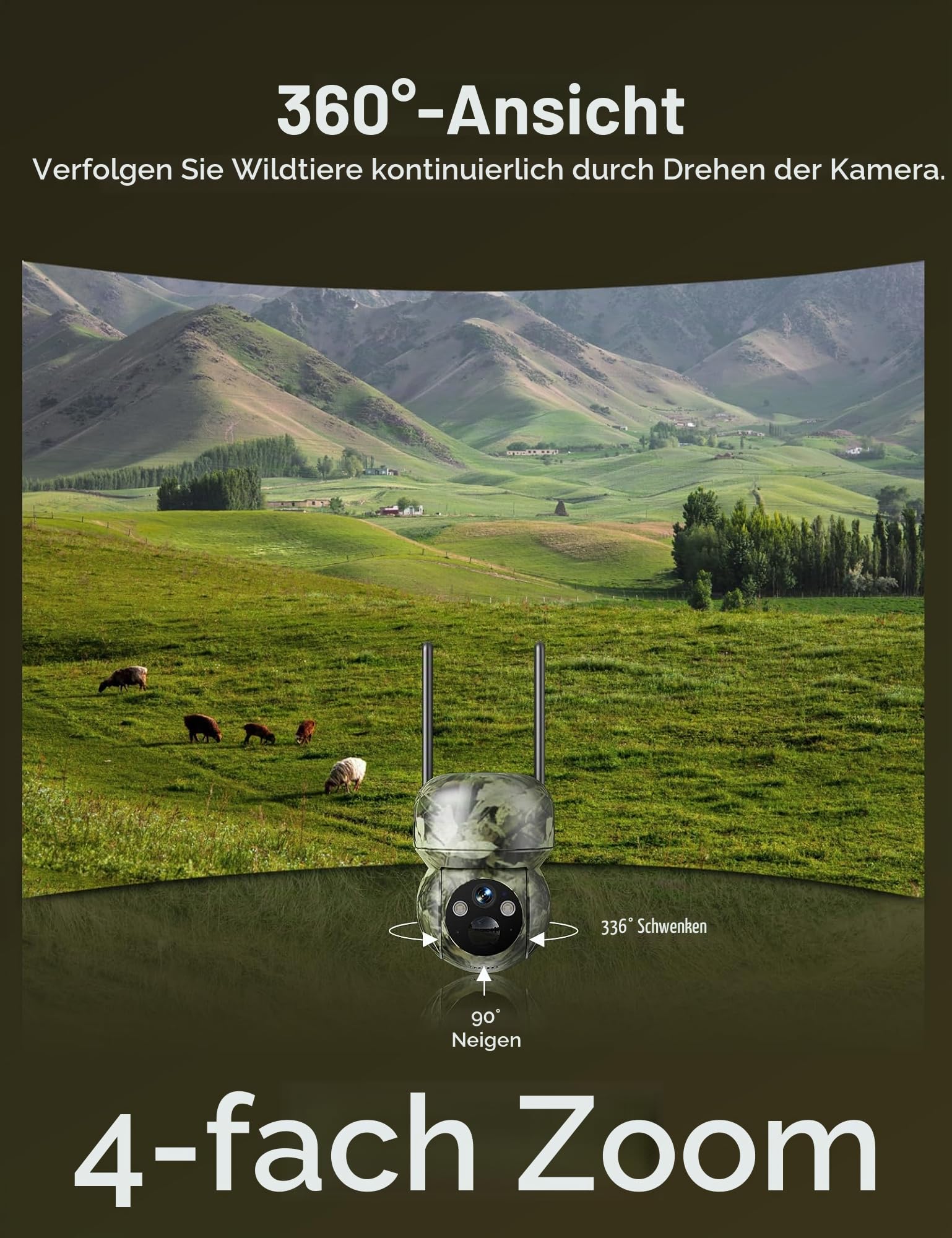 GNCC 4G LTE Wildkamera mit SIM Karte＆32GB SD Karte, 2K Solar Wildkamera mit Handyübertragung App mit Bewegungsmelder Nachtsicht, 300 MB di Dati Gratuiti, IP65 Wasserdicht, Monitoraggio a 360°