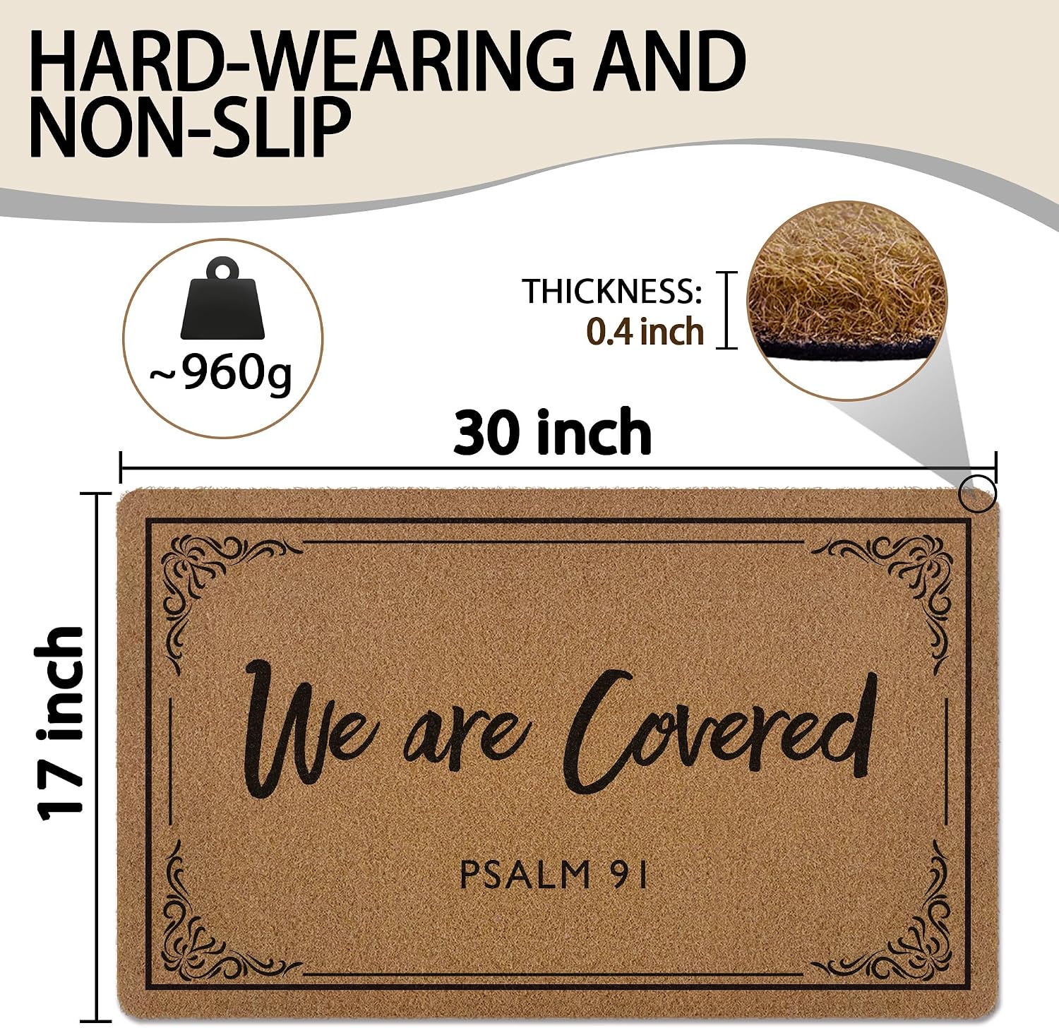 Christian Door Mat, We are Covered Bible Verse Artificial Coir Front Door Mat Indoor Outdoor Entrance, Psalm 91 Religious Doormat Rug for Porch Entryway Patio Decor, 17X30 Inch
