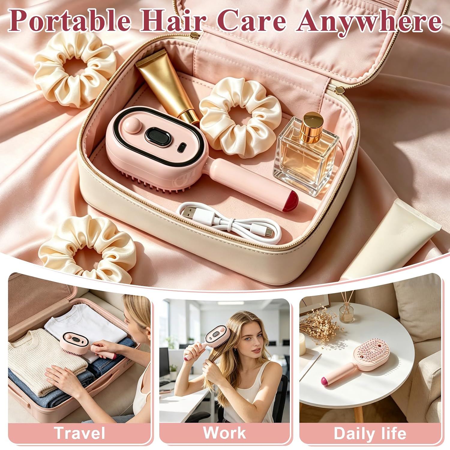 Electric Steam Brush for Hair, Electric Spray Air Cushion Massage Comb with Red Light Therapy, Rechargeable Water Spray Hair Brush, Self-Cleaning Detangling Anti-Static Hair Care Comb