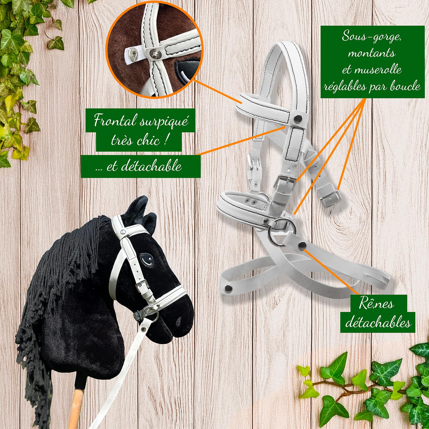 Hobby Horse Filet bridon éthologique Blanc pour Hobby Horse Taille A3 et A4. Réglable par Boucle. Cuir synthétique surpiqué de Coutures Noires