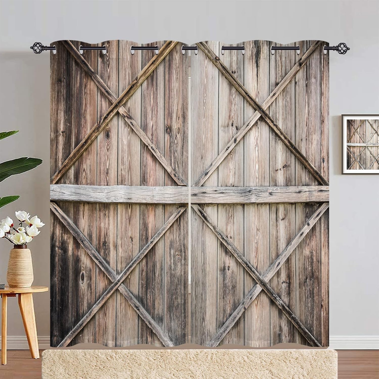 ANHOPE Rustic Wooden Barn Door Curtains Grommet Light
