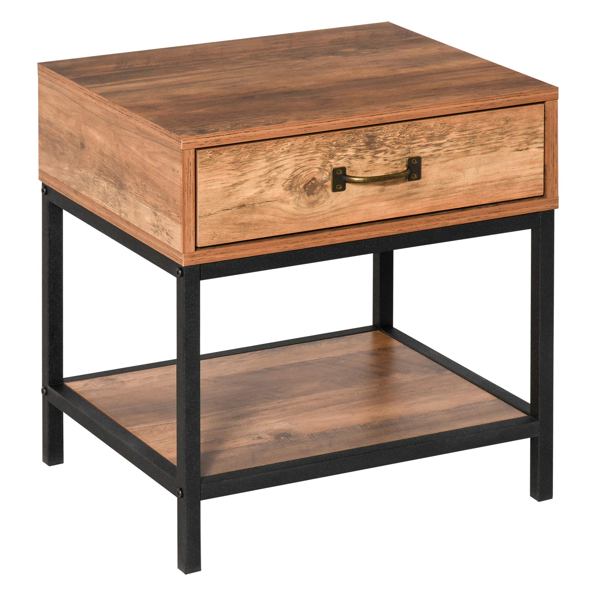 HOMCOM Mesita de Noche Mesilla de Noche Mesa Auxiliar con Cajón y Estante Estilo Industrial para Dormitorio Sala de Estar 48x40x51,5 cm Teca y Negro