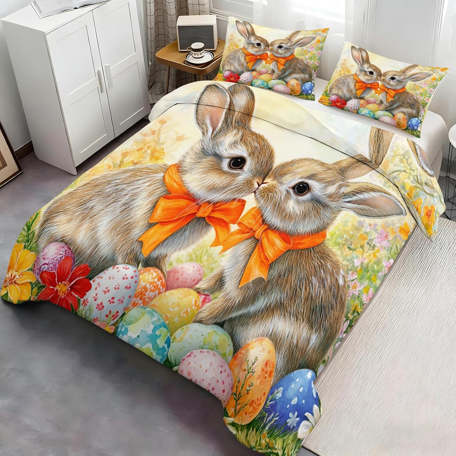Rabbit Bedding Set Twin Size 3 Piece, Cute Bunny Duvet Cover Set, Girl Comforter Cover and 2 Pillow Sham with Zipper Closure 68" x86"