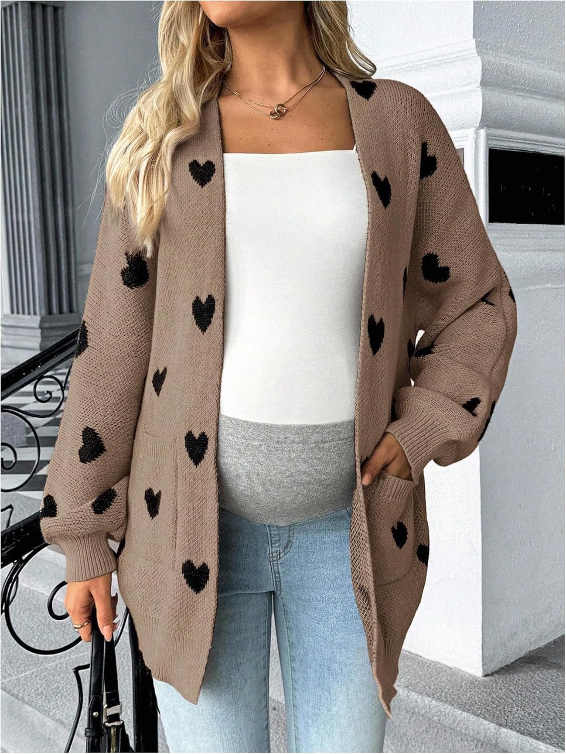 MakeMeChic Women's Maternity Sweater Cardigan Heart Print Long Sleeve Open Front Cute Coat