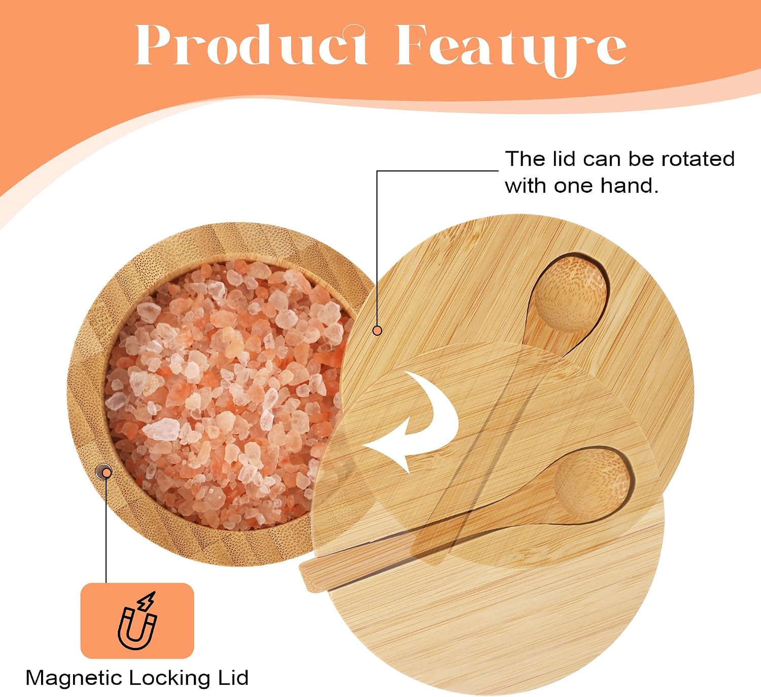 Bamboo Salt Cellar with Lid And Spoon, Grey Salt Box - Easy to Distinguish Spice In The Bowl, Salt Container With Magnetic Swivel Lid For Herbs Or Seasonings