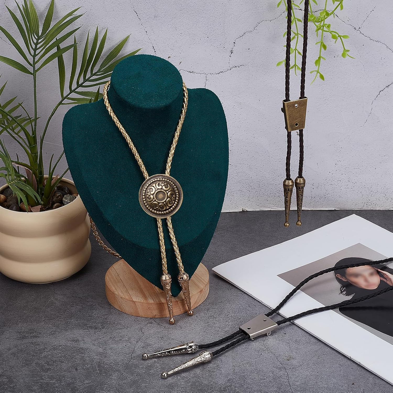 NICENEEDED Bolo Tie Making Kit, Bolo Tie Tips Replacement Accessories with 6 PCS Zinc Alloy Cord End 3 PCS Slide Clasps and 3 PCS Leather Necktie Cord, Western Style Tie Supplies for Bolo Tie Making