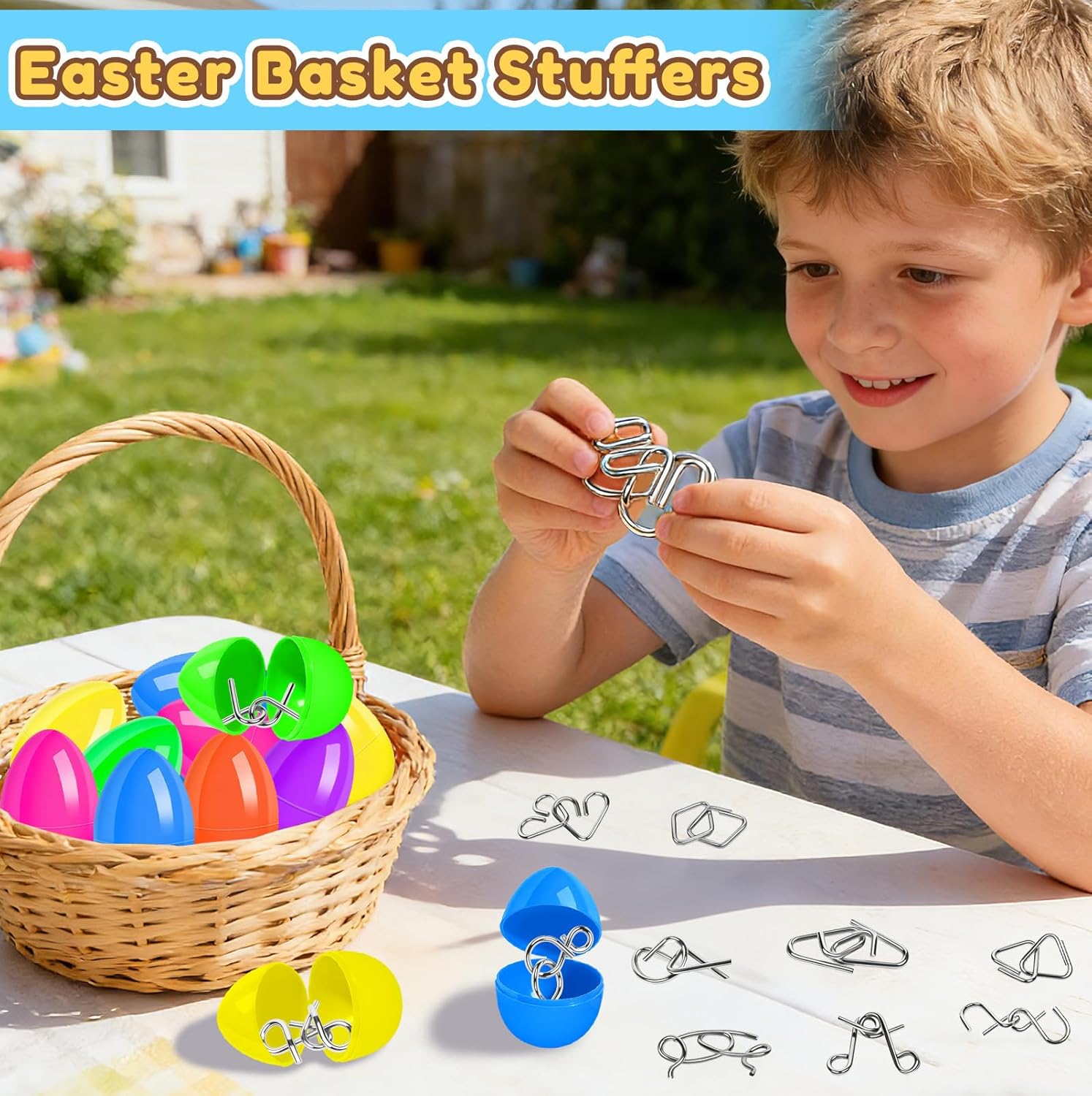 Easter Basket Stuffers Essentials for Teens Kids, Easter Egg Fillers - 24Pcs Prefilled Easter Eggs with Metal Brain Teaser Puzzle Toys for Girls Boys, Classroom Treasure Box Prizes, Party Favors