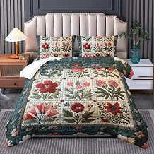 Flower Print Comforter Bedding Set Twin Size,Soft Floral Plant Retro Quilts Twin for Adults,Floral Green Quilt Bedding Set Bedroom Decor,Cute Flower Plant Pattern Comforter Room Decor