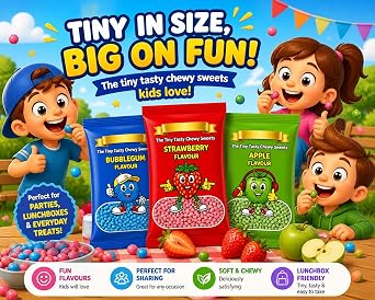Tiny Chewy Sweets Variety Pack – Bubblegum, Strawberry & Apple Flavour Candy, Mini Bite Size Fruit Sweets Mix, 3 x 110g Bags (330g Total) Bundle with Thank You Card