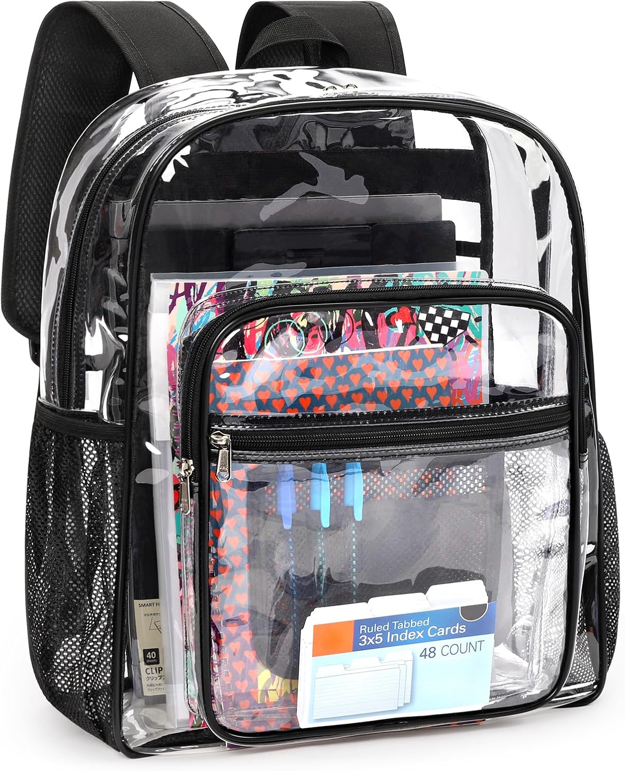 ZORFIN Clear Backpack Heavy Duty for School – 18in Transparent PVC Bag with Large Capacity & Reinforced Straps for Men, Women, Boys & Girls - See Through Bookbag for College Workplace Security, Black