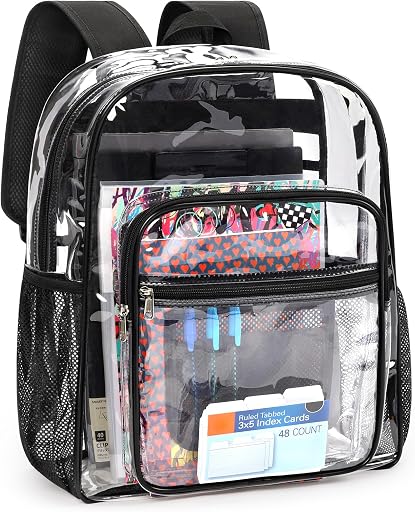 Clear Backpack for School: Large Clear Bookbag with Padded Straps - Heavy Duty PVC Transparent Backpack Black
