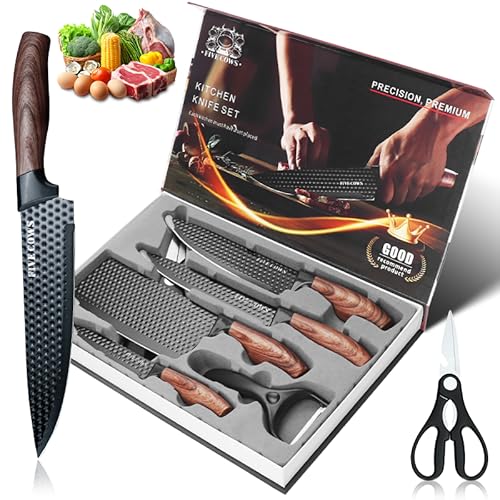 FIVE COWS 6 pièces Couteau Cuisine, un couteau de chef professionnel et un couteau à viande extrêmement tranchant, Manche Ergonomique, avec éplucheur, ciseaux de cuisine et couteau à fruits