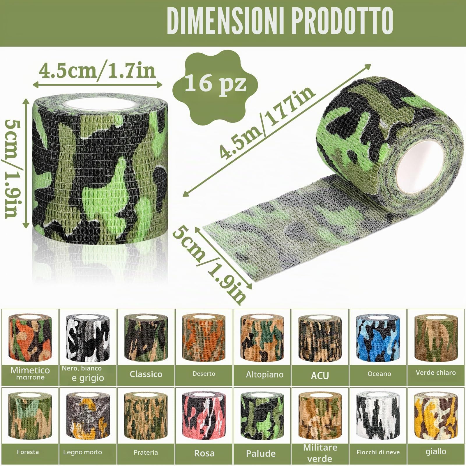 16 Rotoli Benda Elastica Autoadesiva, 5cmx4,5m Benda Elastica Coesiva, Nastro Crossfit, Garza Adesiva Coesiva Benda per Sportivo, Dita, Caviglia, Ginocchia, Gatti, Cani, Cavalli, Mimetico