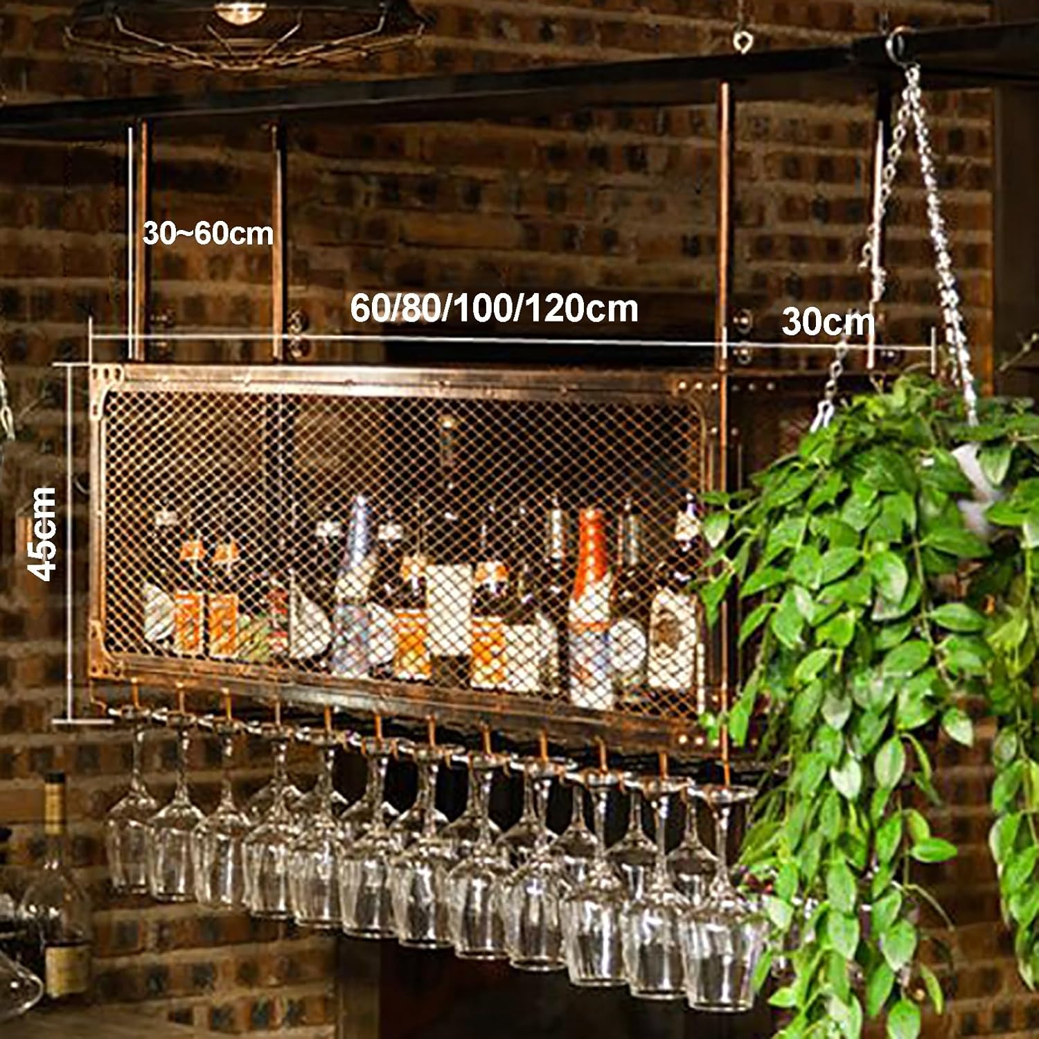 Adjustable Hanging Wine Glass Holder Ceiling Decoration Rack for Vintage Wine Storage Upside Down Wine Bottle Display Racks for Bar Restaurant Cafe (200 Characters)