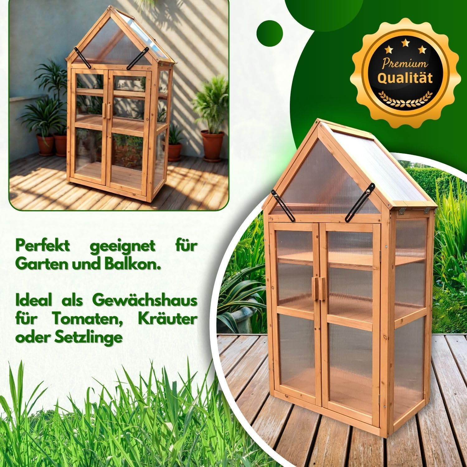 Coemo Holz-Gewächshaus Jan – Stilvolles Design, 65x40x120 cm, Farbe Braun, Aufklappbare Türen und Dach, Winterschutz Gewächshaus -Wetterfestes Pflanzenhaus für Kräuter, Tomaten & Setzlinge