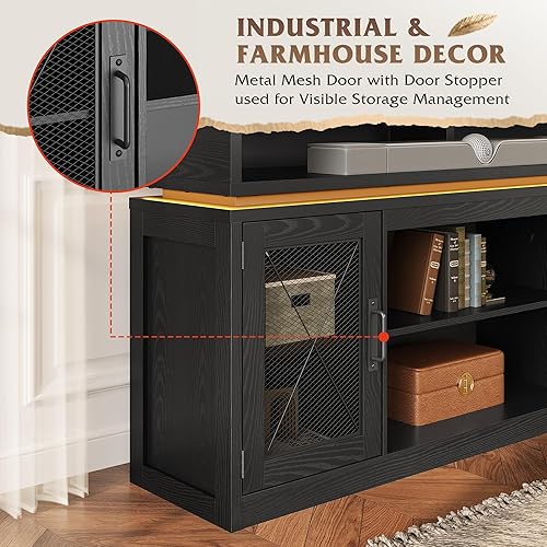 Miniatura 6 de WLIVE Soporte de TV de granja para TV de 65 pulgadas, centro de entretenimiento alto con armarios de almacenamiento, mueble de TV con consola Negro
