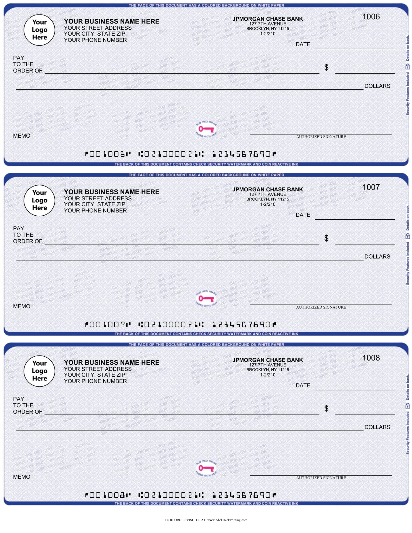 ABC Business Checks Compatible w/Quick Books, 3 On A Page, 300 Checks (Chain Blue)