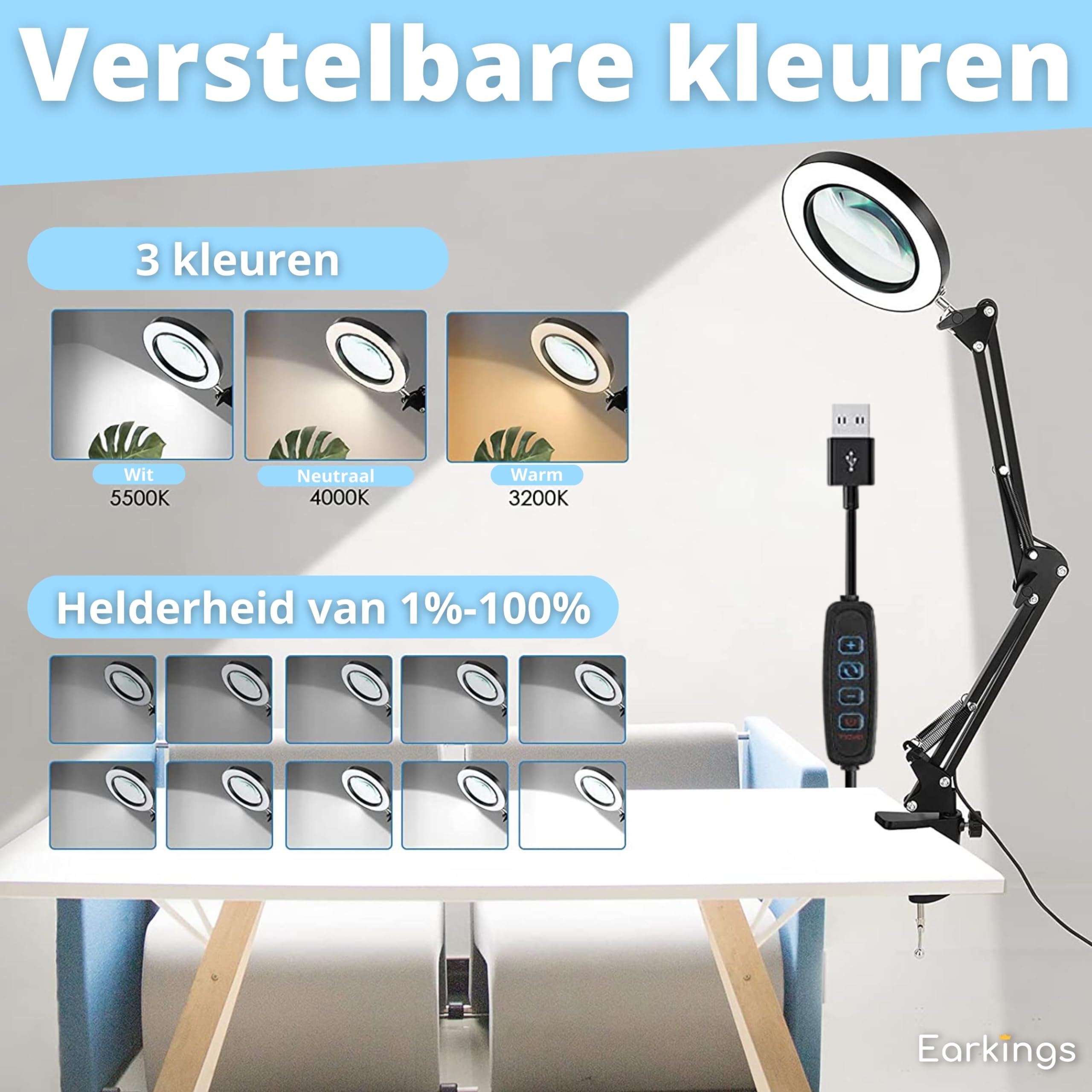 Vergrößerungslampe mit LED-Beleuchtung und Tischklemme - Lupe vergrößert 3X bis 10x und ist um 360 Grad drehbar