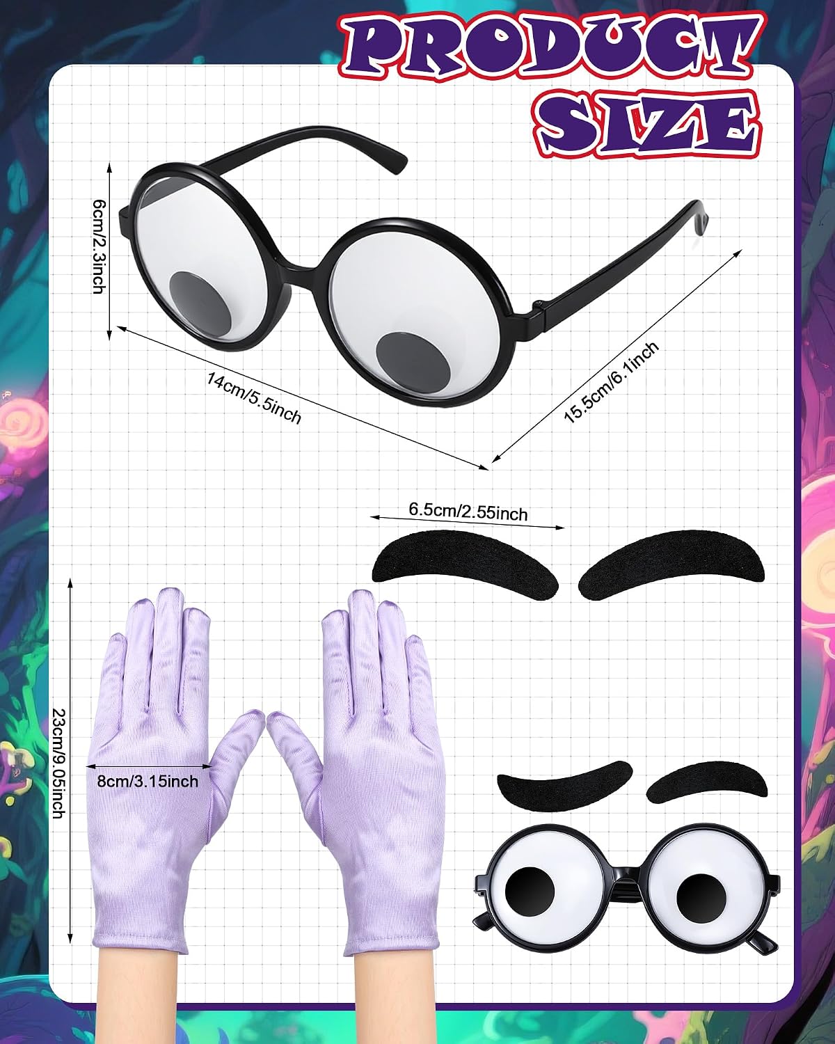 Tellingyou 5 Pcs Halloween Inside Costumes Accessories Googly Eyes Glasses Bushy Fake Eyebrows Beanies Tie Gloves for Cosplay Party