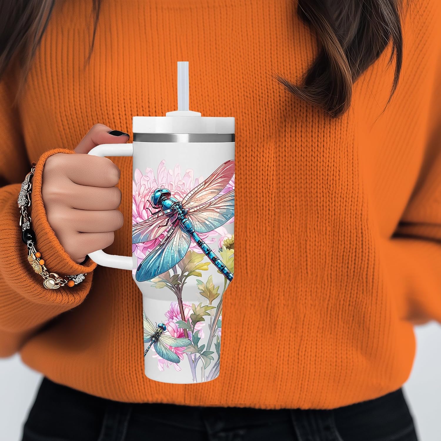 AMZUShome 40 OZ Dragonfly Tumbler with Handle.Dragonfly Lover Gifts.Unique Birthday Christmas Gifts for Dragonfly Lover.Personalized 40 OZ dragonfly Tumbler Gifts for Women Men. - Image 3