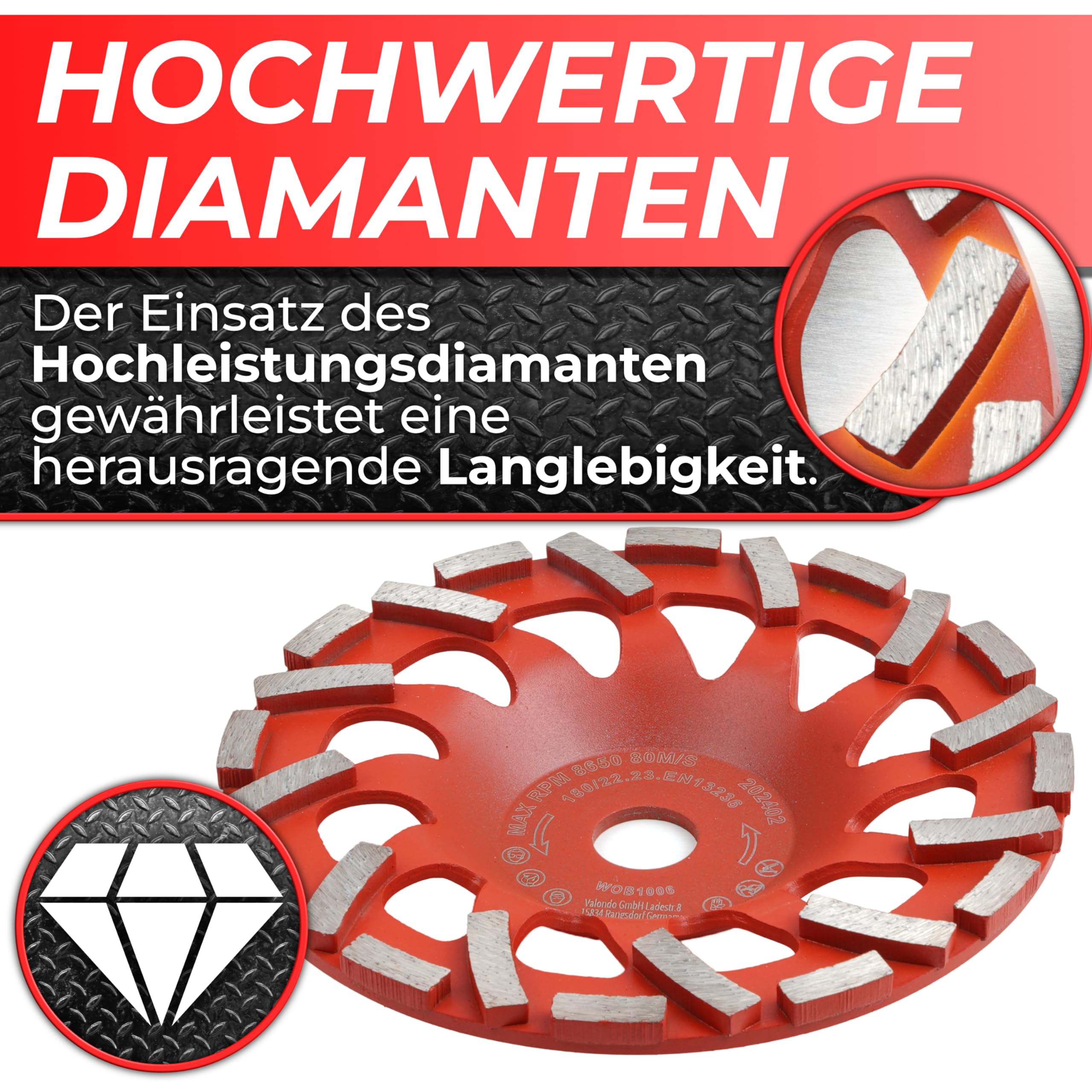 Woltersberger® Mola diamantata 180 mm x 22,23 mm piatto abrasivo per lavori di levigatura calcestruzzo e materiali da costruzione duri come granito e pietra naturale