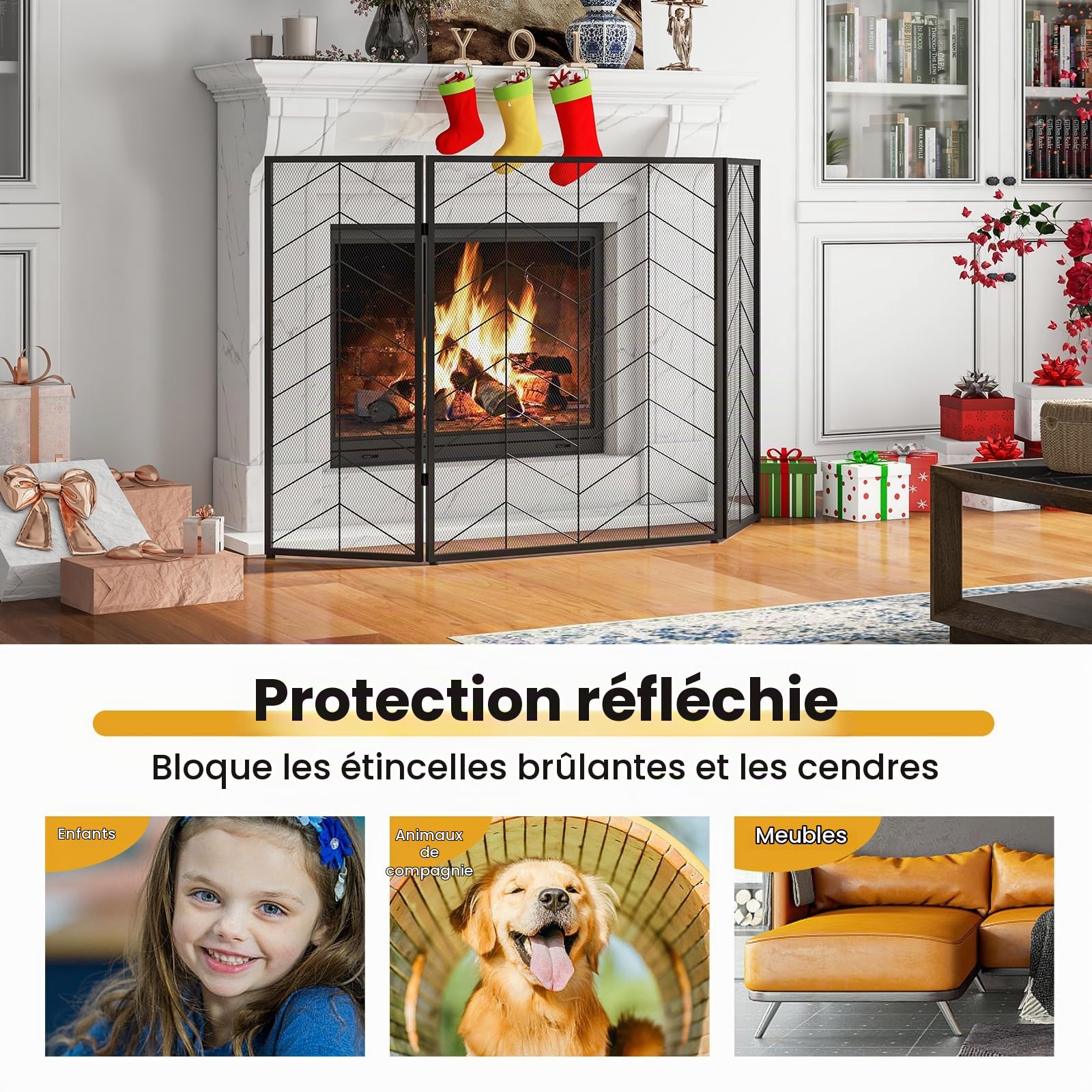 GIANTEX Écran de Cheminée 3 Panneaux, Pare-Feu de Cheminée 132 X 79 CM, Pare-étincelles pour Isolation des Étincelles et Cendres, Grille de Protection pour Poêle(Bande,132 x 79 cm)