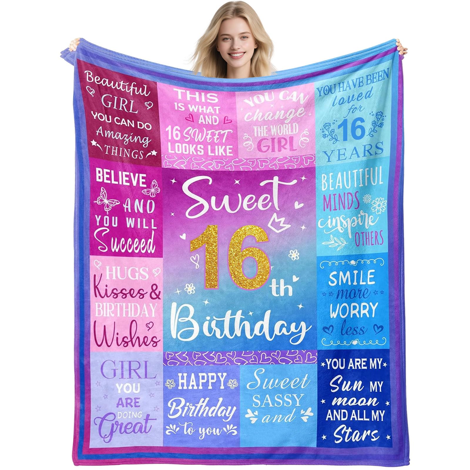 twirush 16th Birthday Gifts for Girls, 50" x 60" Gift for 16 Year Old Girl, Sweet 16 Inspirational Blanket, Birthday Gifts for Teen Girl, Daughter, Sister, Granddaughter, Niece