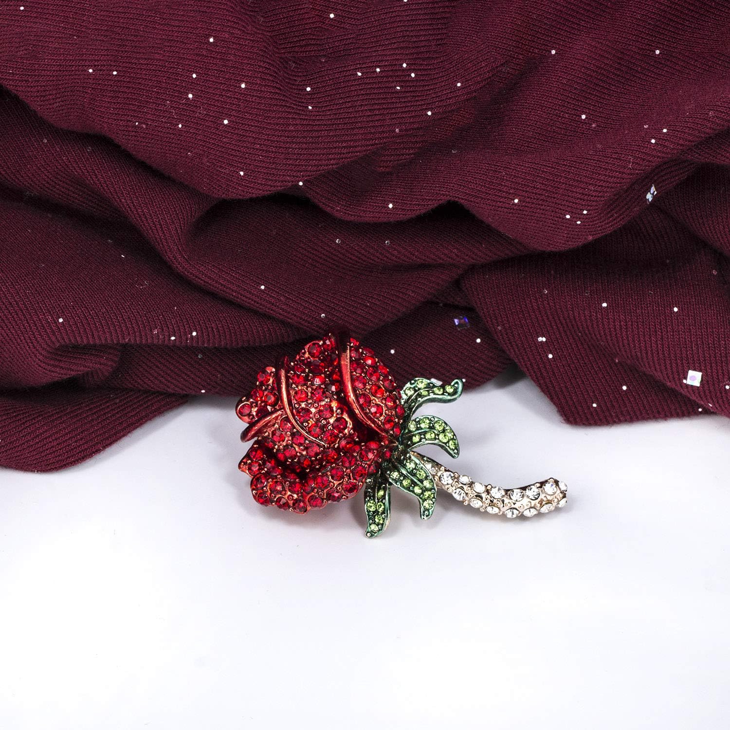 YOQUCOL Elegant Cubic Zirconia Crystal Rhinestone Red Rose Shape Brooch Pin for Women Grils - Image 3