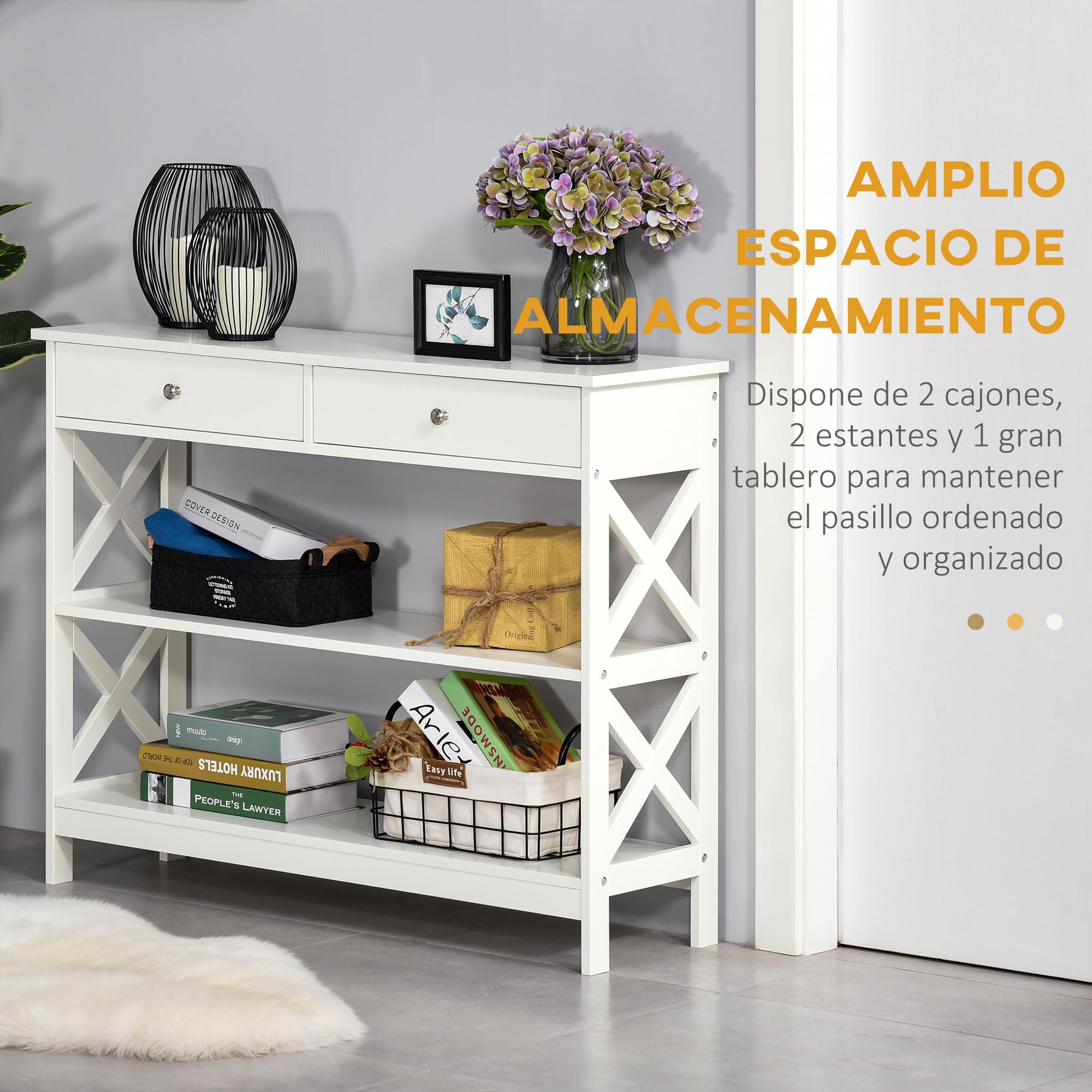 HOMCOM Mesa Consola de Entrada Recibidor 2 Cajones 100x30,5x80 cm Blanco | 2 Estantes Inferiores, Mueble Moderno, Base Elevada, Antivuelco
