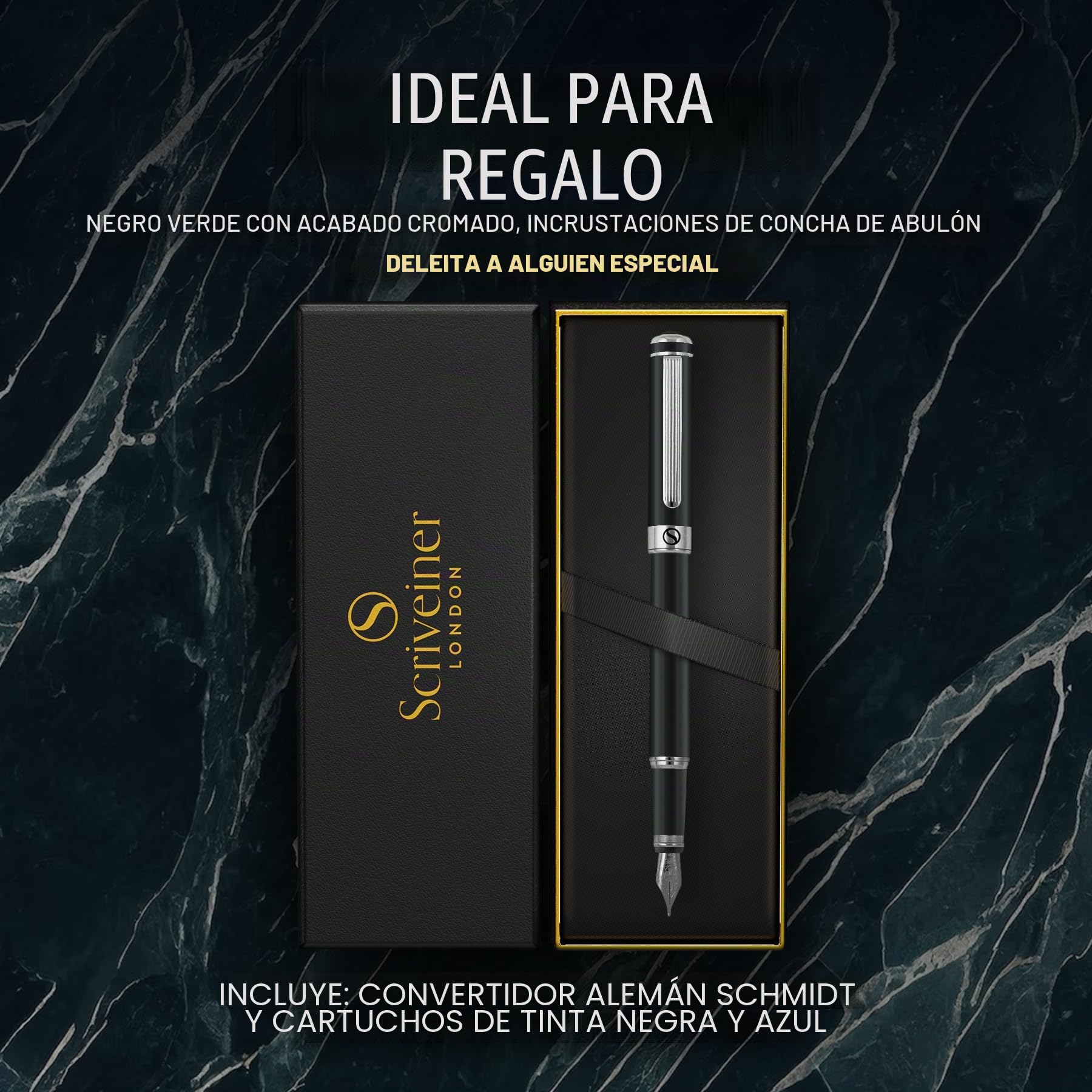 Scriveiner Pluma Estilográfica Negro Verde - Impresionante Pluma de Lujo con Acabado Cromado, Set de Regalo de Escritura para Hombre y Mujer, Profesional, Plumas Buenas - Plumín (Mediano)