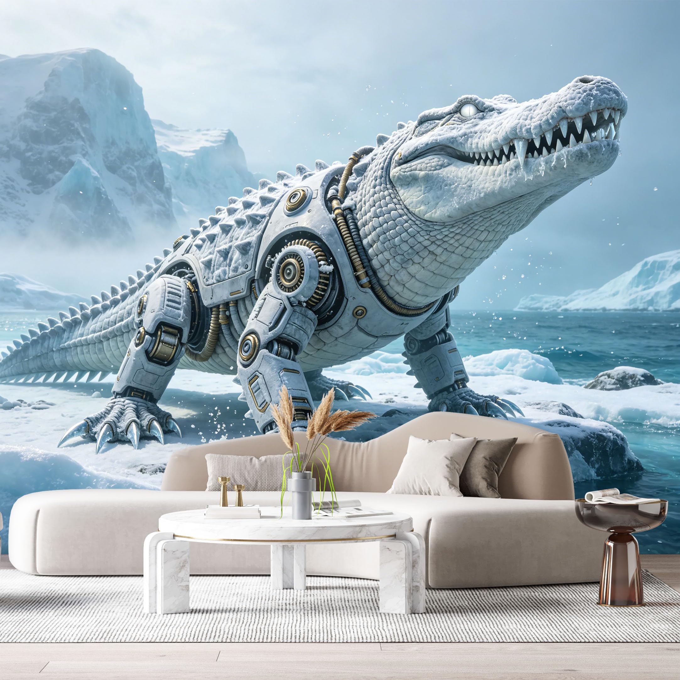 Custom Size Wall Mural Mechanical Ice Crocodile Mech Science Fiction Robot Arctic Metal Armor Futuristic Industrial Style SelfAdhesive Art Prints Removable Wallpaper Esports Game Room Studio