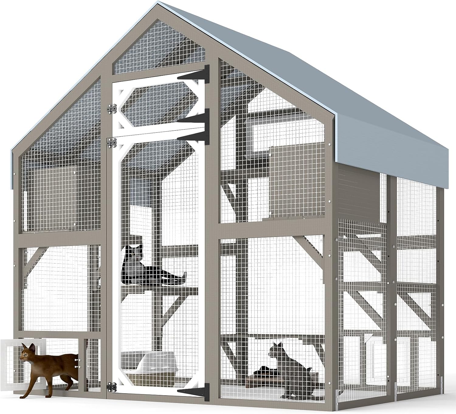 PetsCosset 71" H Catio Outdoor Cat Enclosure for Multiple Cats Large Wooden Walk in Cats House Outside Weatherproof Roof,Attached to House's Window,Cat's Door and Tunnel