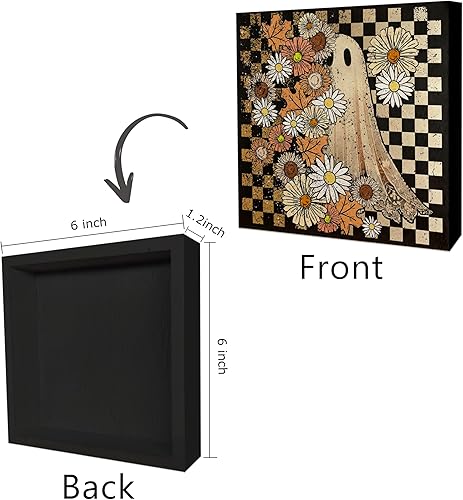 Miniatura 5 de KEUSPI Letrero de madera retro de los años 70 con diseño floral de fantasma, decoración de escritorio de Halloween, margarita de otoño, hoja de Grid