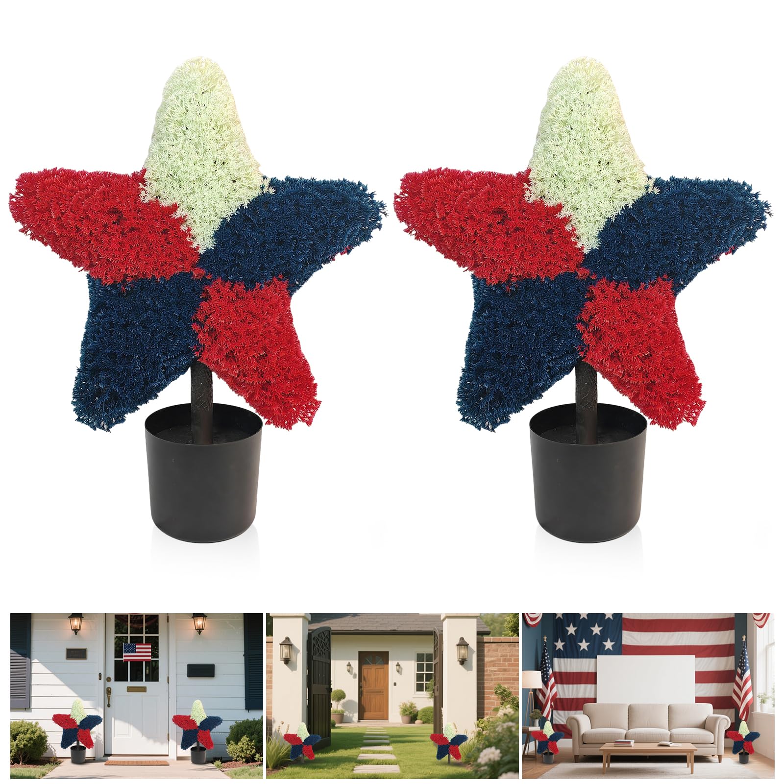 PakaLife 2PCS 4th of July Decorations for Outdoor&Indoor,Artificial Red White and Blue Decoration Shaped Topiary Trees with Ground Spike,Patriotic Yard Fourth of July Decorations Outdoor,Porch Decor