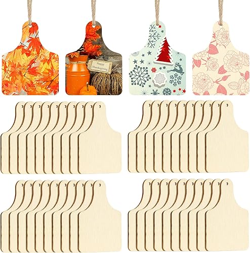 Jetec 40 Pcs Wooden Cow Tags for Crafts Unfinished Hanging Cow Tags DIY Blank Wood Labels Natural Farmhouse Ornament with Hole Rope for Summer