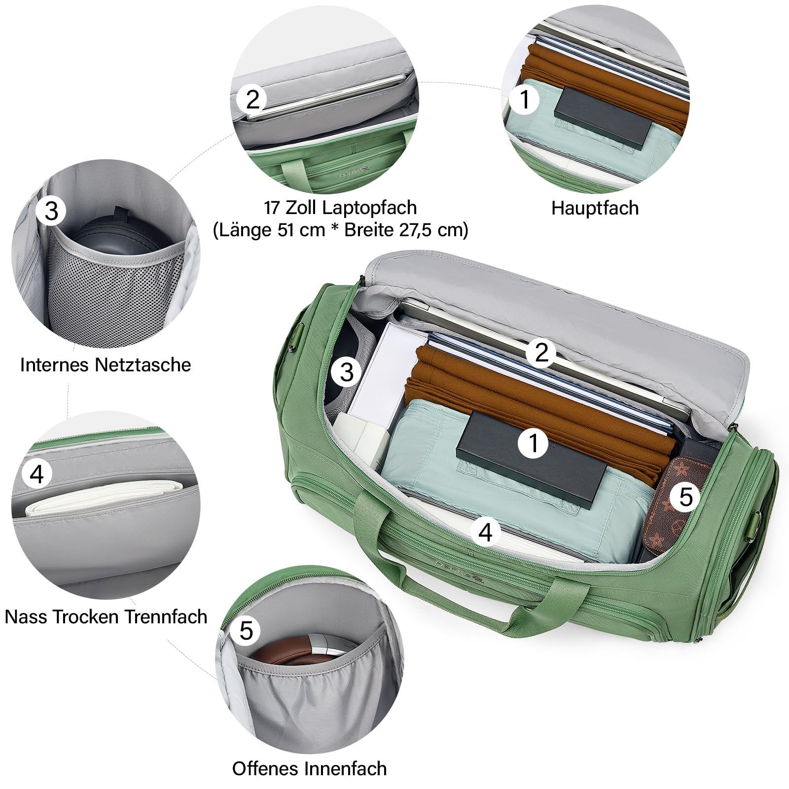 Hanke 36.5L Faltbare Reisetasche Leichte wasserdichte Handgepäck Tasche Sporttasche Damen Carry on Luggage Cabin Bag Gym Bag Travel Bag für Herren Damen, Waldgrün