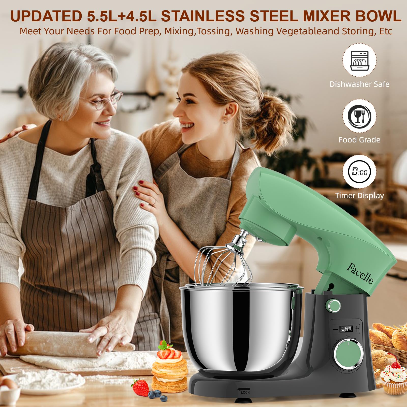 Küchenmaschine Knetmaschine 1500W | Facelle 5,5L &4,5L Teigmaschine Rührmaschine | Geräuscharm| 10+P Teigknetmaschine mit Rührhaken, Knethaken, Schneebesen und Spritzschutz