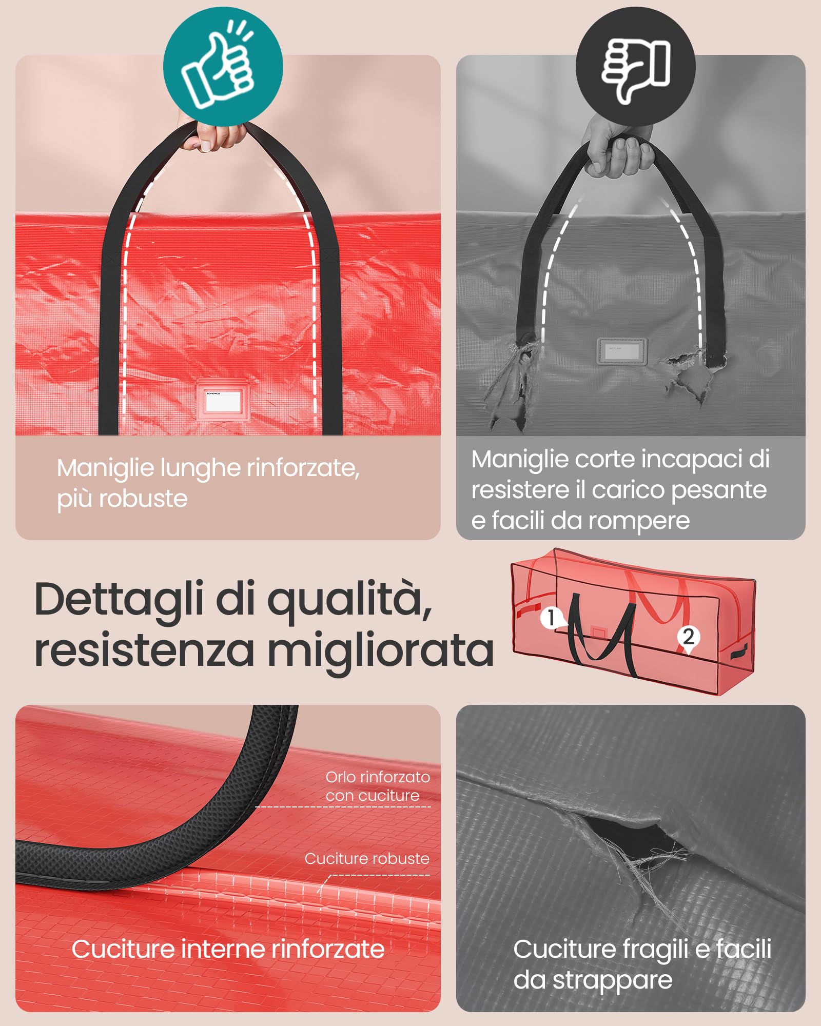 SONGMICS Borsa per Albero di Natale, Custodia per Albero Smontabile fino a 229 cm, Cuciture Interne Rinforzate, Maniglie Lunghe, con Cerniera, PE, Rosso RXS005R01