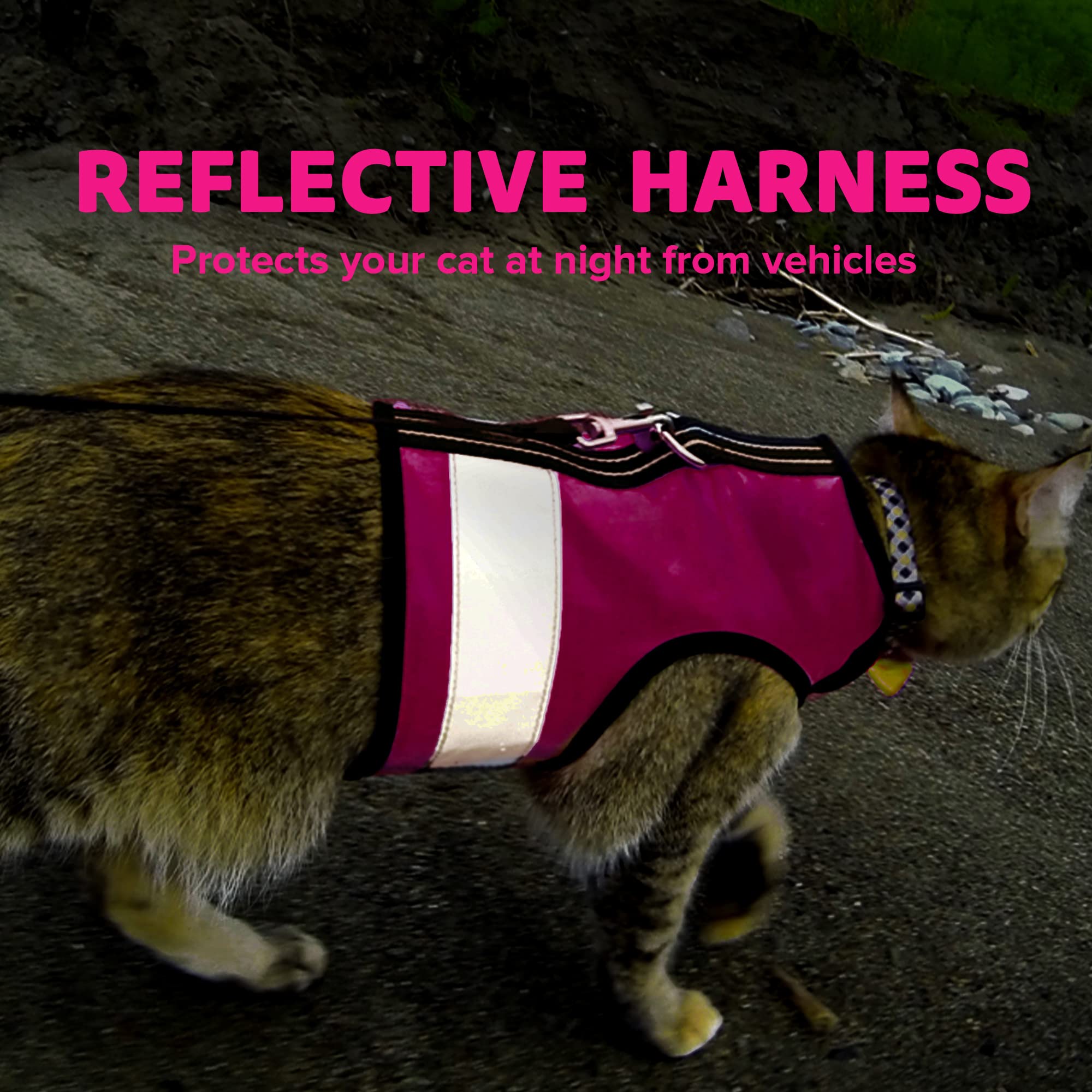 Kitty Holster Harnais réfléchissant pour chat, gilet haute visibilité de jour et de nuit pour la promenade et les voyages, coton respirant et lavable, M à L, rose (Flamingo Pink)