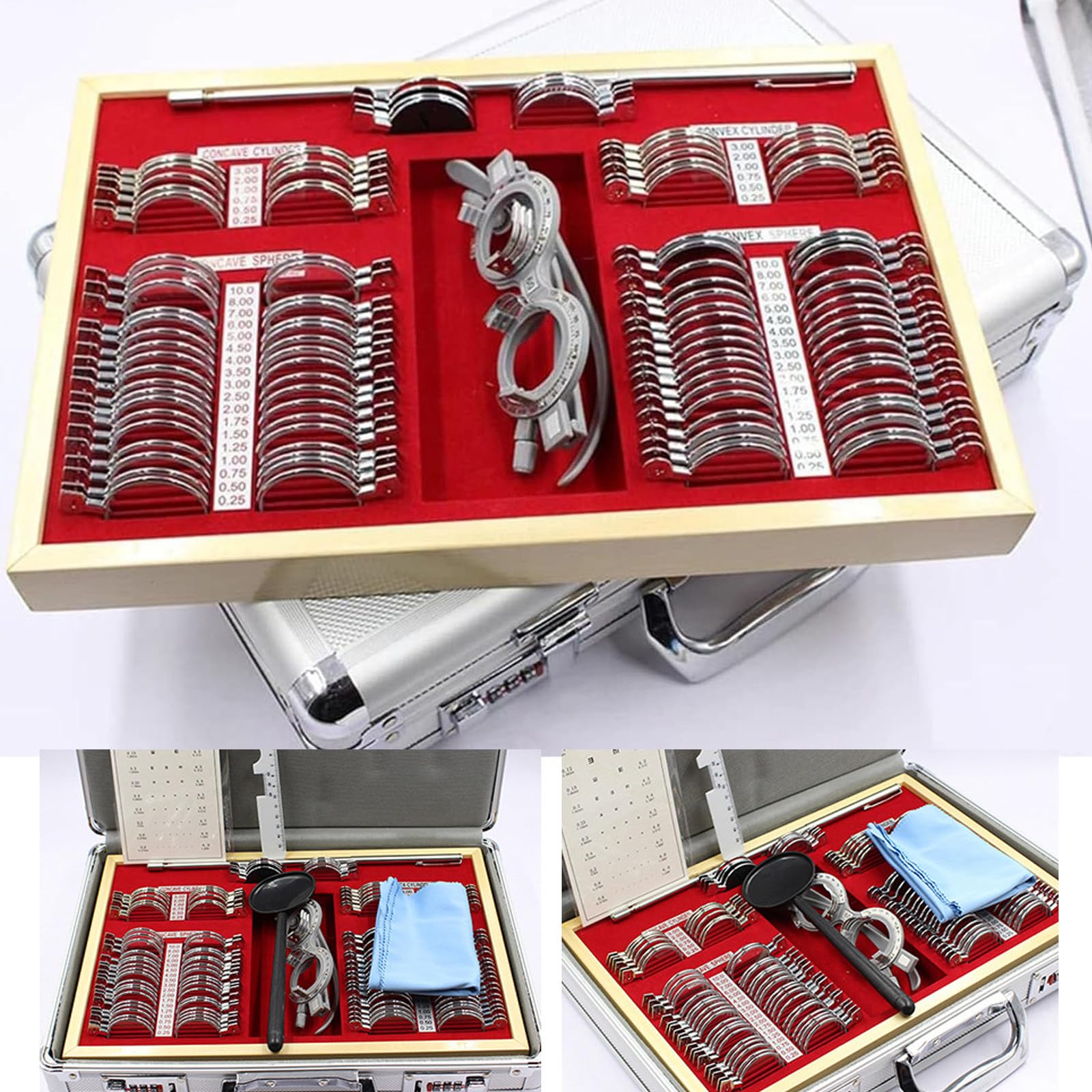 Set di Lenti di Prova ottiche da 104 Pezzi Kit di optometria con Bordo in Metallo Scatola di Alluminio con Montatura in Metallo Custodia per Occhiali di Prova Custodia per Occhiali, Telaio di Prova