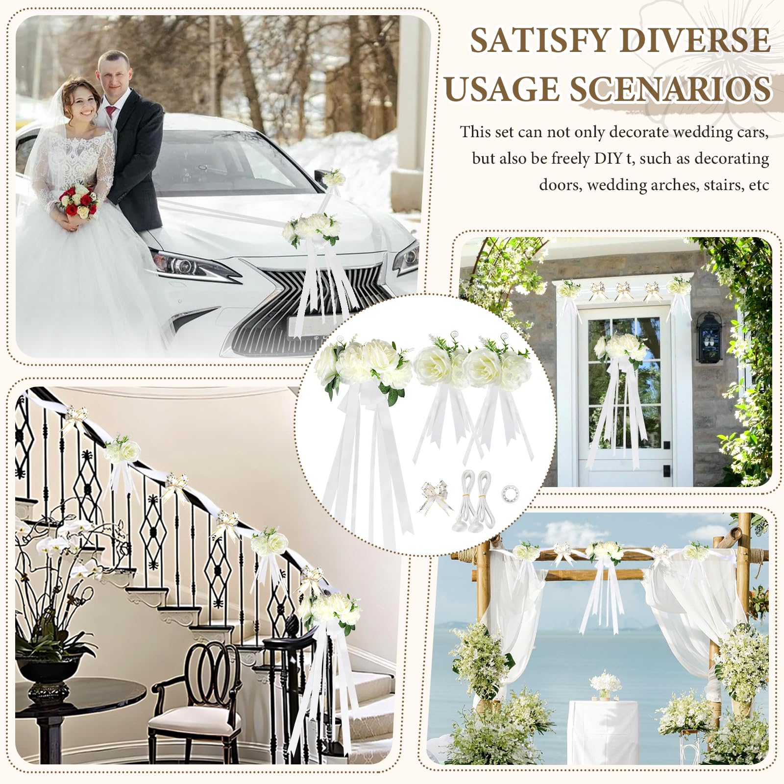 Decorazione Floreale Auto Matrimonio, Set Cofano Bianco con 3 Rose, Ventose, 2 x 4,4 m di Nastri, 4 Fiocchi e 1 Nastro Adesivo, Addobbi per Macchina da Sposa e Festa