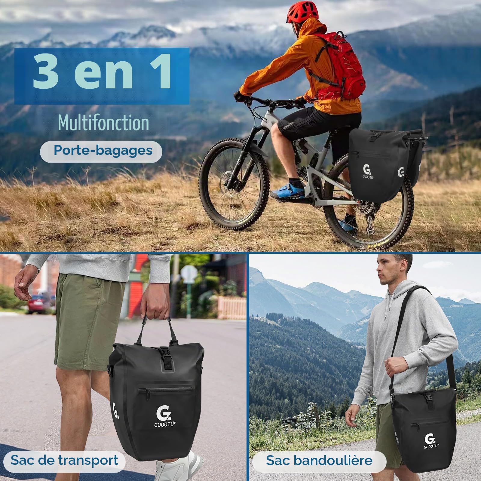 GUOOTU Lot de 2 sacoches de vélo 48 l en bâche pour porte-bagages arrière avec réflecteurs, poignée de transport et bandoulière (noir, 24 l, lot de 2)