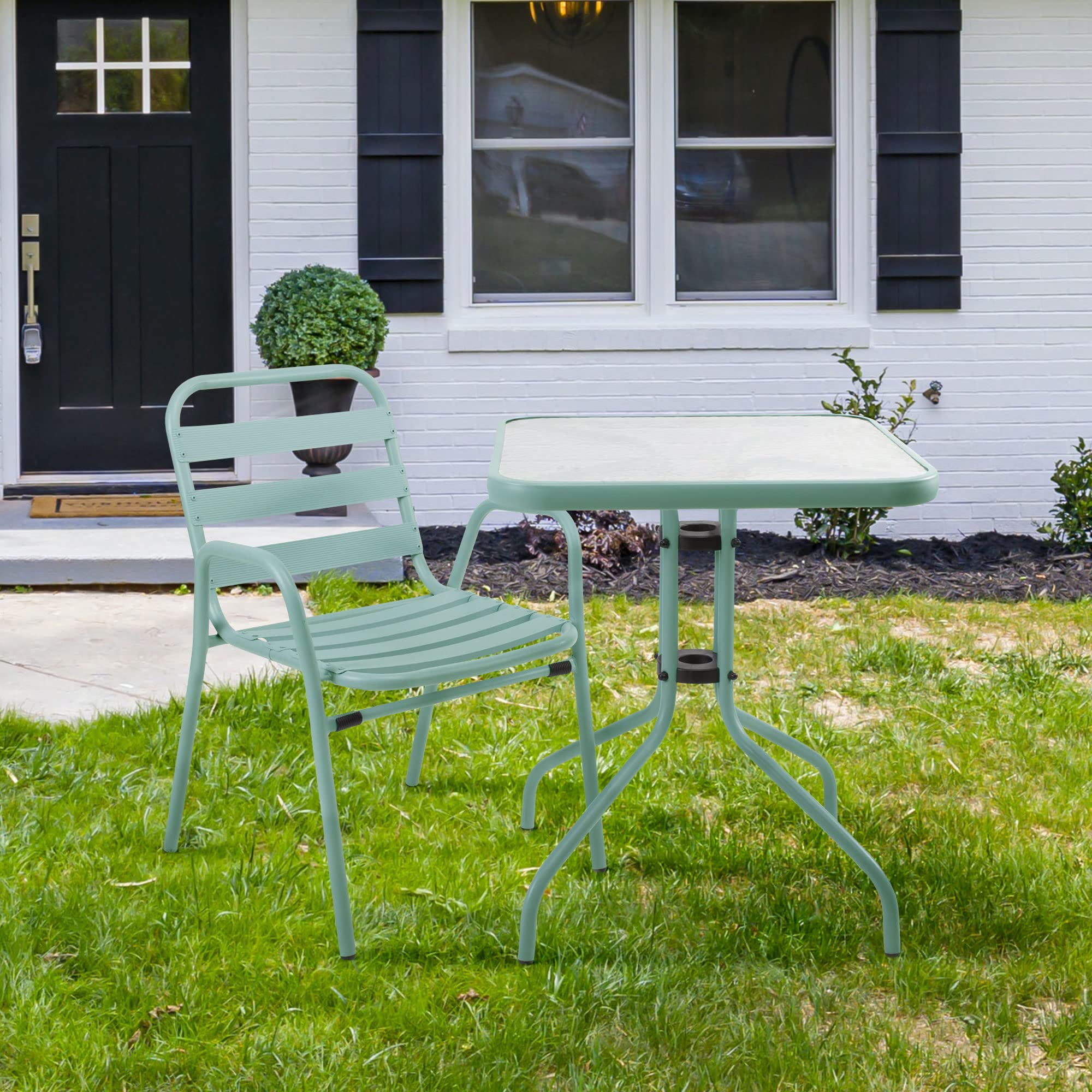 THE SECRET HOME - Silla de Aluminio con Reposabrazos para Jardín - Alto 76 cm x Largo 56 cm x Ancho 48 cm - Color Verde Claro - Asiento Apilable de Exterior para Balcón, Terraza y Jardín