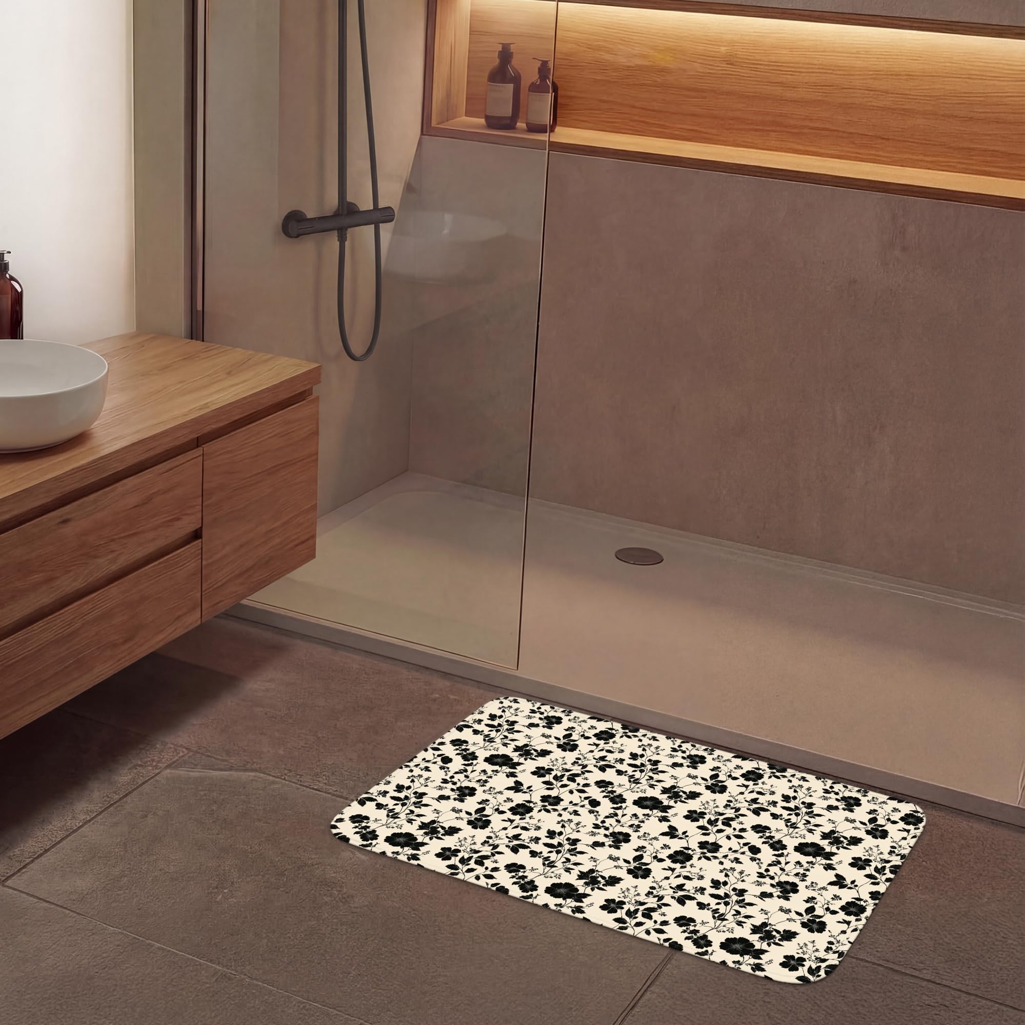 Alfombra De Baño Rectangular 90x60 cm Bathroom Bath Mat Lavable Tapete Antideslizante Alfombras Ducha Decoracion Alfombrilla Flores - Patrón - Negro
