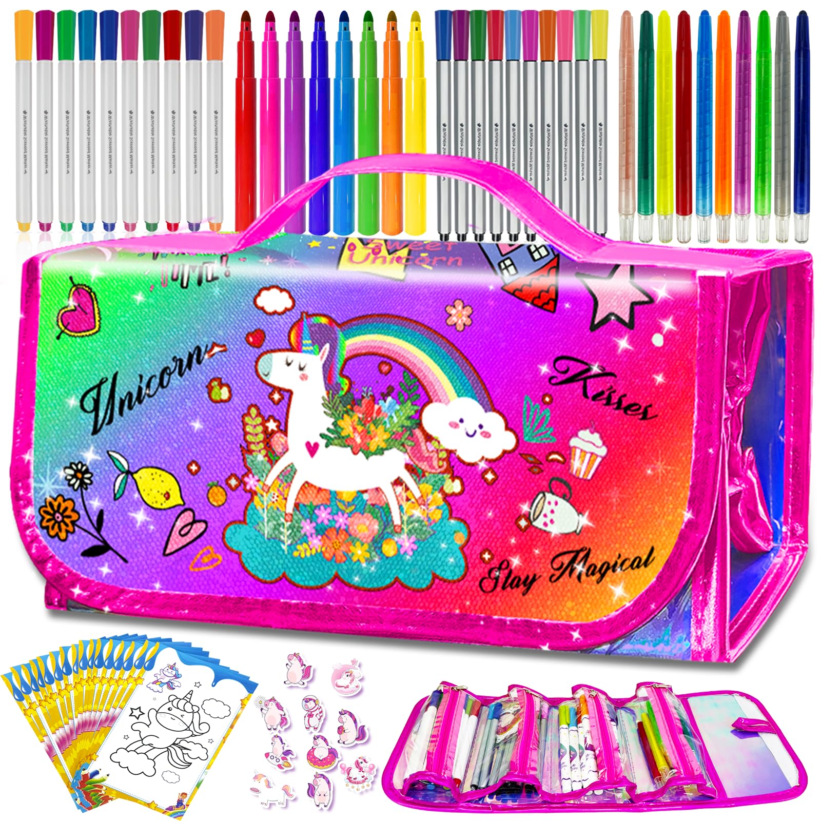 weirtoya 70 PCS Washable Scented Markers Set with Glitter Pencil Case, Kids Art Set Mermaid Unicorn Arts and Crafts for kid 4-6-8 Kids Drawing Set for 4-8 Years Old Girls Birthday Gifts