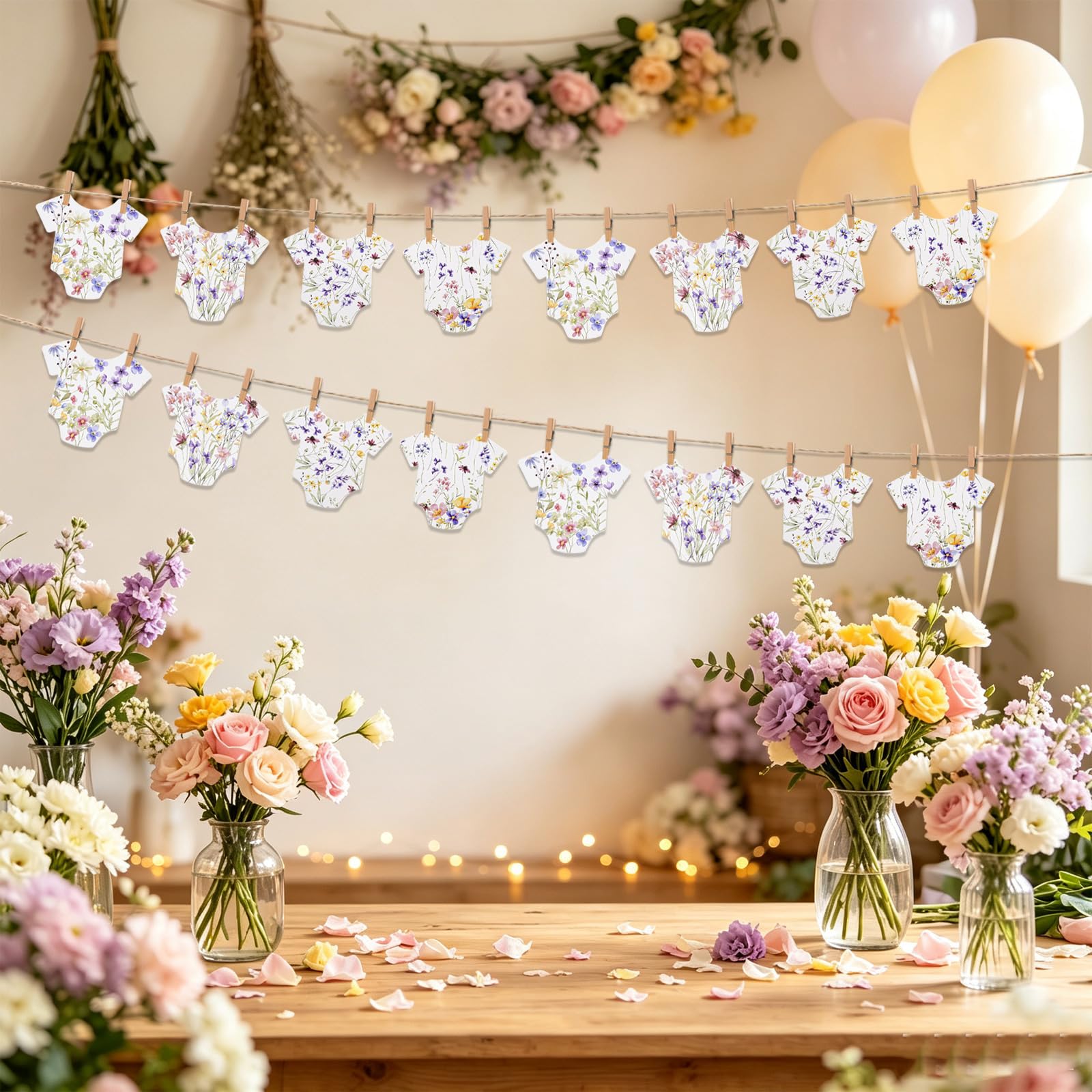 Baby in Bloom Paper Banner Wildflower Dress Bodysuit Garland Outfit Set with Clips Hemp Rope for Girl Baby Shower, Gender Reveal, Newborn Welcome Party Decorations