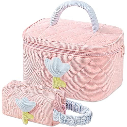 Bolsa de maquillaje de felpa, 2 piezas, bolsa de cosméticos a cuadros, bolsa de maquillaje grande y pequeña para bolso, bolsa de maquillaje linda
