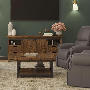 Flexsteel Rustic Industrial Coffee Table, Solid Acacia Wood Square Table with Storage Shelf, Dark Brown Farmhouse Living Room Furniture, Metal Frame Cocktail Table-Dark Brown
