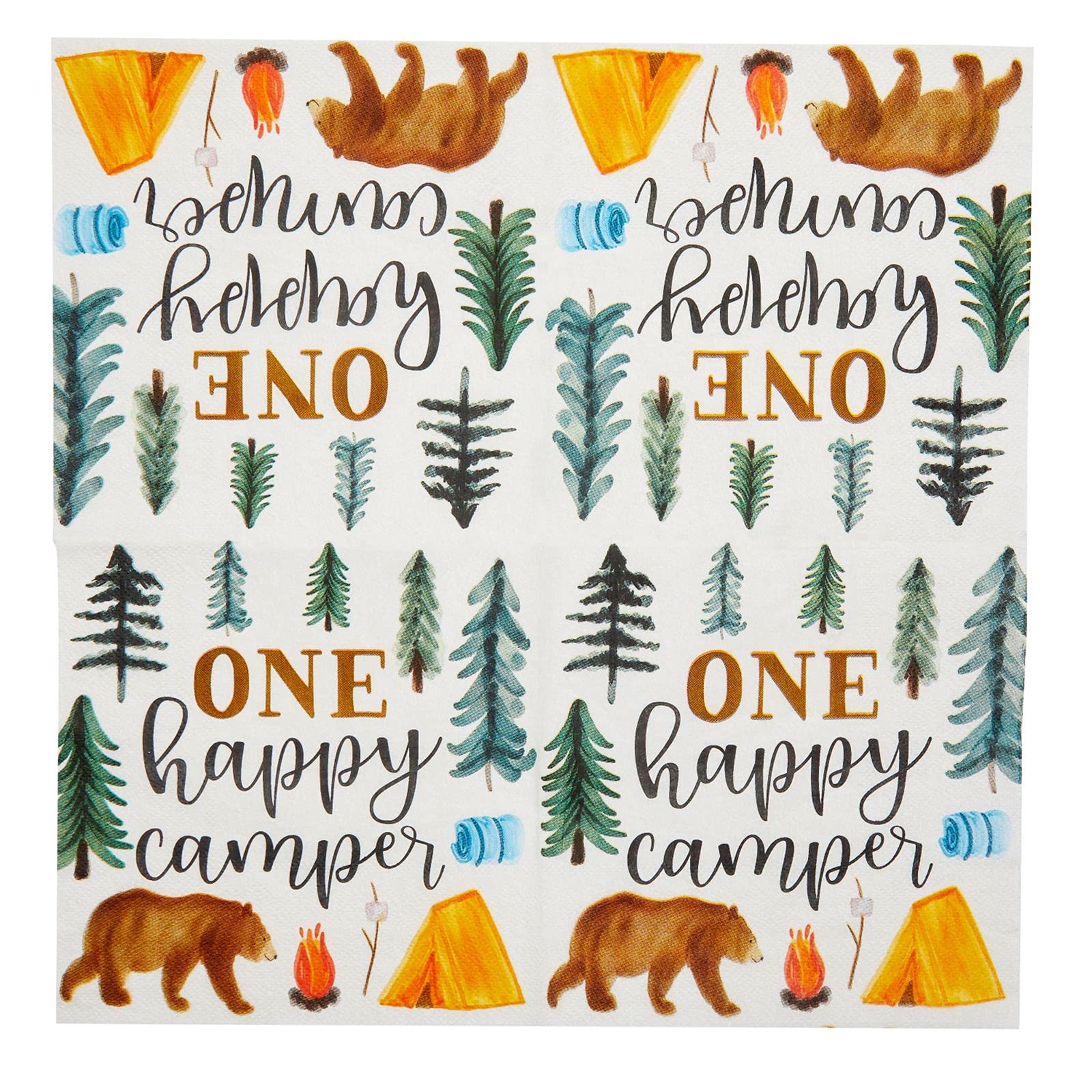 100 Stück Camping-Servietten – Mit Zelt- Und Bären-Motiv, 16,5x16,5 Cm, Für Outdoor-Partys & Abenteuer